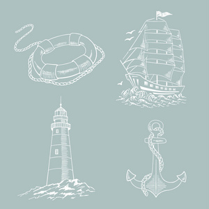 锚, 船, 救生圈, 灯塔, 船, 帆船素描集。手绘矢量图