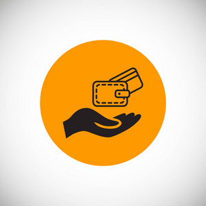 人的手与钱包和信用卡在橙色圈子在白色背景