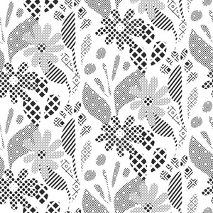 黑白抽象花植物叶的无缝图案