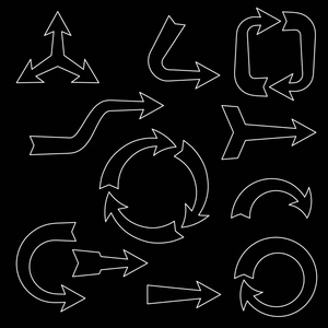 箭头符号集。黑色背景上的孤立。矢量轮廓生病了