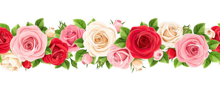 带红色粉红色和白色玫瑰和绿叶的矢量水平无缝花环
