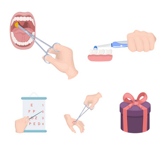 牙科护理, 伤口处理和其他卡通风格的网页图标. 口腔治疗, 视力测试图标集合收藏