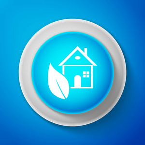 白色生态住宅图标被隔离在蓝色背景。圆圈蓝色按钮与白色线。矢量插图