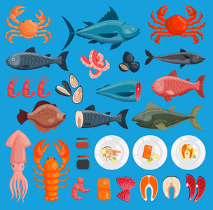 矢量海鲜菜鲜鱼虾,蟹,鱿鱼插画集设计扁鱼蟹食品牡蛎海鲜虾菜单ctopus动物贝类