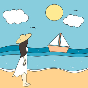 可爱的卡通矢量插图与女孩看海在一个晴朗的日子里