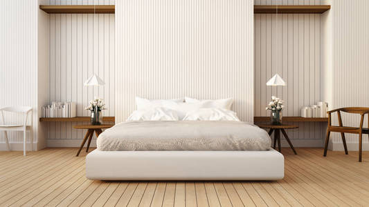 阁楼和现代卧室在白色3d 渲染图像