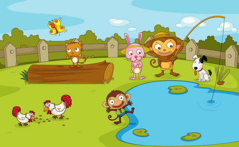 动物出来一个便携式计算机屏幕在一家超市的女人卡通一家人在上的一座