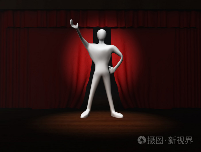 红舞台幕布的舞台聚光灯下的3d人