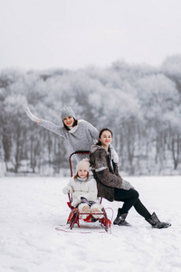 母亲与 daughers 漫步在冬季公园和雪橇小女儿