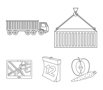 金属容器, 日历, 卡车, Gps 导航仪。大纲样式矢量符号股票插图 web 中的逻辑集集合图标