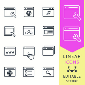 浏览器矢量图标设置。为图形和 web 设计隔离的黑色插图。可编辑笔画。地址计算机数据ets