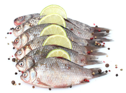 新鲜鱼类与石灰和香料上白色隔离