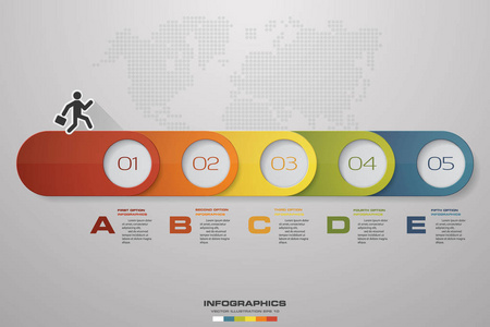 5步时间轴箭头图表元素。5步图表, 矢量横幅可以用于工作流布局, 图表, 演示, 教育或任何数字选项。Eps10