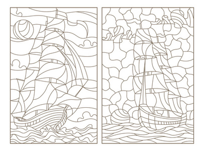 设置彩色玻璃, 海景, 船舶在多云的天空和太阳背景下航行的轮廓插图, 白色背景的暗轮廓
