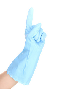 手在清洁手套隔离在白色的颜色