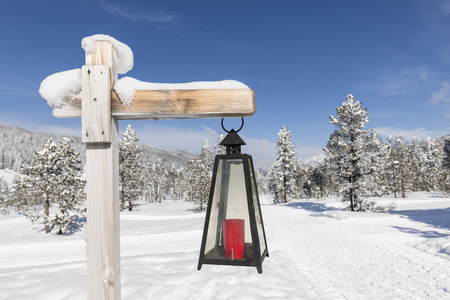 灯笼标志着冬季徒步旅行的线索, 通过一个新鲜的雪的景观在瑞士