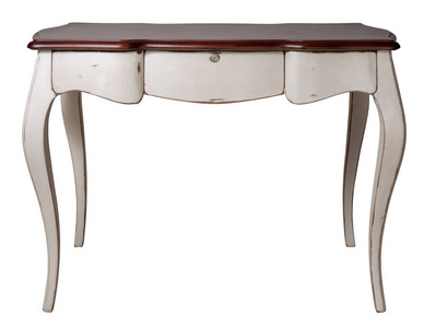 白色的腿和三抽屉的白色背景的复古木桌, 包括修剪路径