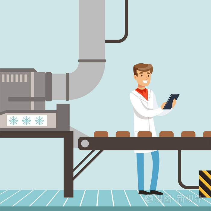 巧克力工厂生产线, 男性控制器持有剪贴板和控制生产过程矢量图