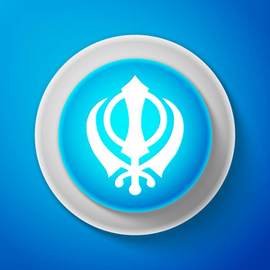 白色锡克教宗教 Khanda 符号图标在蓝色背景上被隔离。Khanda 锡克象征。圆圈蓝色按钮与白色线。矢量插图