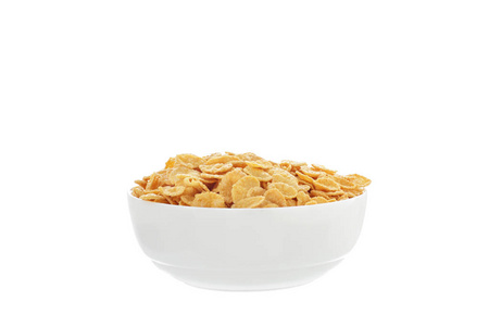 玉米片早餐麦片粥在白色的碗在白色背景隔离