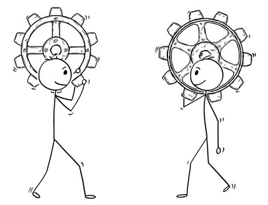 两个人或商人的卡通携带大齿轮或齿轮