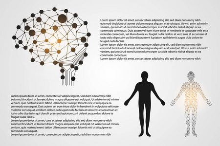 抽象技术科学概念人的数字链接与大脑的灰色背景