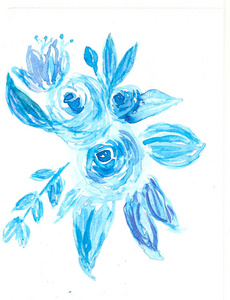 手工水彩蓝色花和叶子