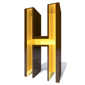 概念木头或木褐色字体或类型与金子或金黄金属细节被隔绝在白色背景。教育平滑表面字母 h 3d 插图