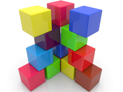 随机堆积五颜六色的玩具立方体. 3 d 例证