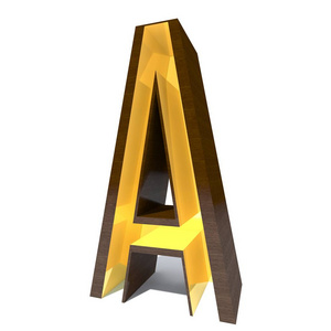 概念木头或木褐色字体或类型与金子或金黄金属细节被隔绝在白色背景。教育光滑的表面字母 a 3d 例证