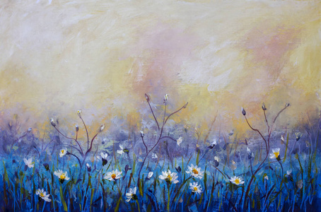 春夏换新花卉油画野花, 洋甘菊-白色小花在蓝色领域, 橙色粉红色的