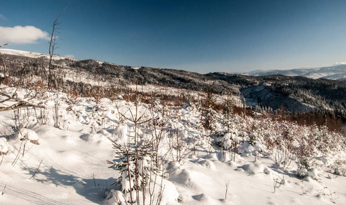 冬天山风景与雪覆盖的山和蓝天