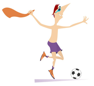 微笑的年轻人踢足球孤立例证。卡通运行足球运动员脱下足球衫和大喜的目标或胜利在比赛中孤立的白色插图