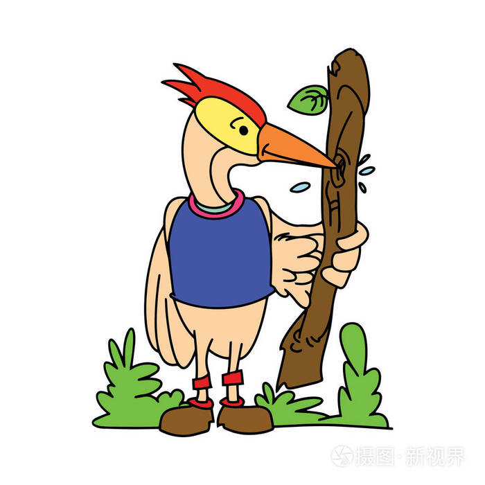 可爱的卡通啄木鸟在白色背景的儿童版画, t恤, 彩色书, 有趣和友好的