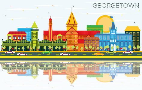 乔治敦城市天际线, 色彩建筑, 蓝天和 Refle