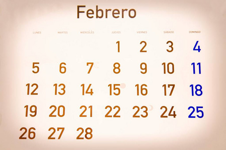 2月的日历在西班牙语