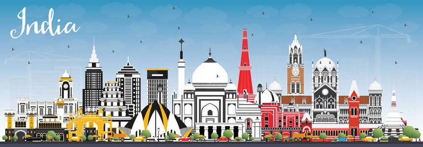 印度城市天际线上有彩色建筑和蓝天。德里。妈妈