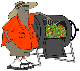 一个黑人园丁自豪地站在他的堆肥箱的例证照片