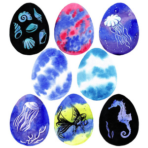 彩蛋复活节海洋绘画水彩 鱼, 水母, 贝壳, 海马