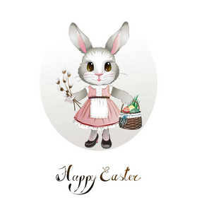 可爱的兔子穿着一篮子彩色鸡蛋和小猫柳。祝贺复活节贺卡。矢量图像