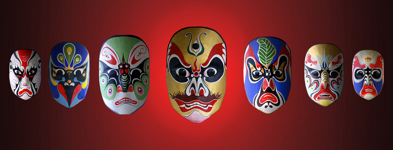 中国戏曲的面具最佳传统戏曲脸谱的集合中国戏曲假人和红布作为文本