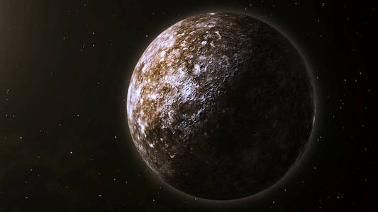 在深太空中无人居住的星球.太空中的行星动画.太阳光反射旋转行星照片