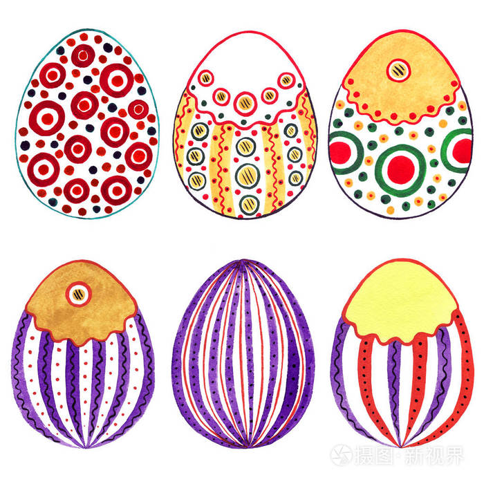 复活节彩蛋传统水彩绘画 圈子点和波浪