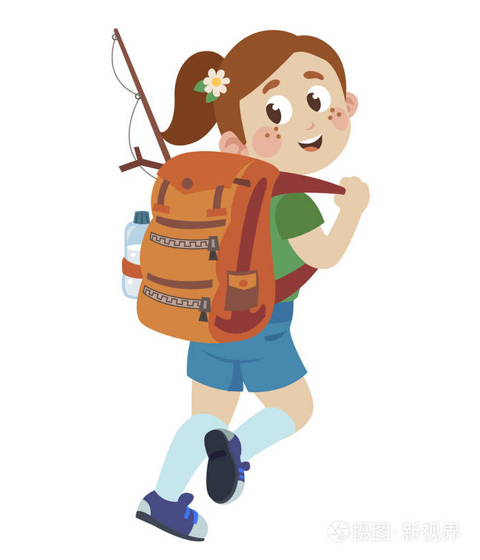 女孩带着一个大背包去野营儿童和户外娱乐