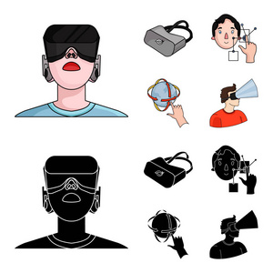 创新, 人, 头, 手。虚拟现实集合图标在卡通, 黑色风格矢量符号股票插画网站