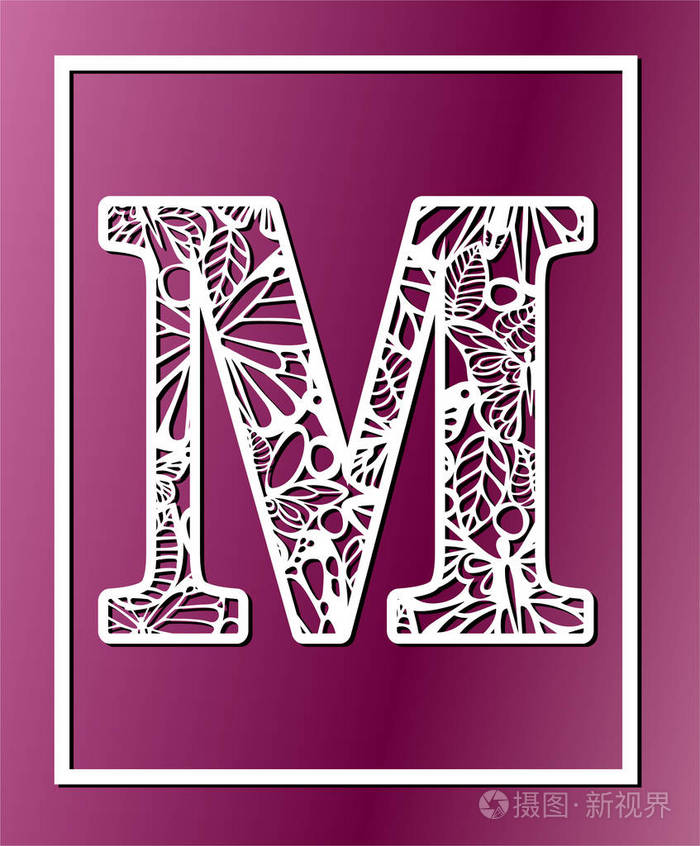 带蝴蝶和花瓣的激光切割矢量装饰字母 m.面板模板.