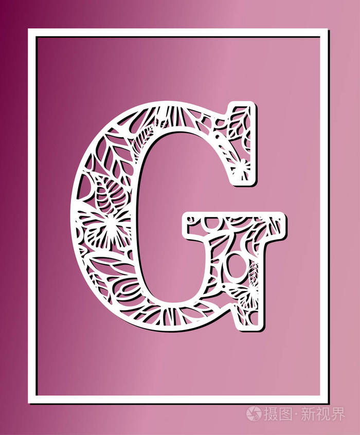 激光切割矢量带蝴蝶和花瓣的装饰字母 g.面板模板.