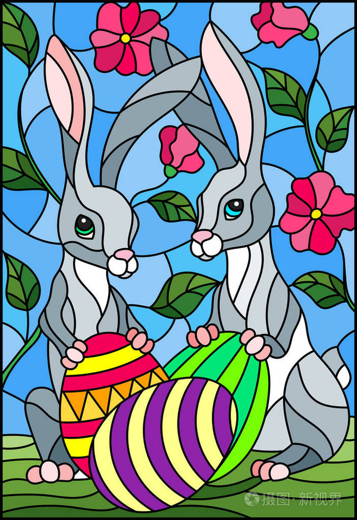 彩色玻璃风格插图在复活节假期两只兔子和复活节画的鸡蛋在树枝与花卉