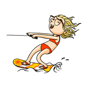 可爱的卡通滑水女孩在泳装做滑水.矢量分离手画字符照片