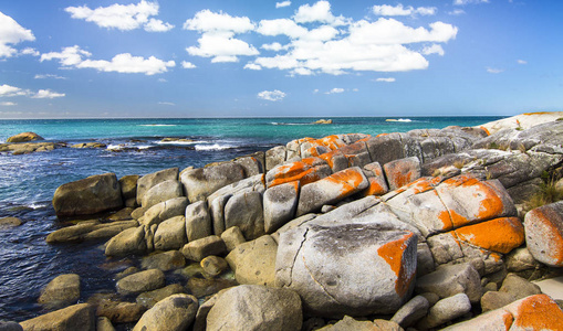 明亮的橙色地衣盖岩石并且给火海湾它的名字。澳大利亚塔斯马尼亚